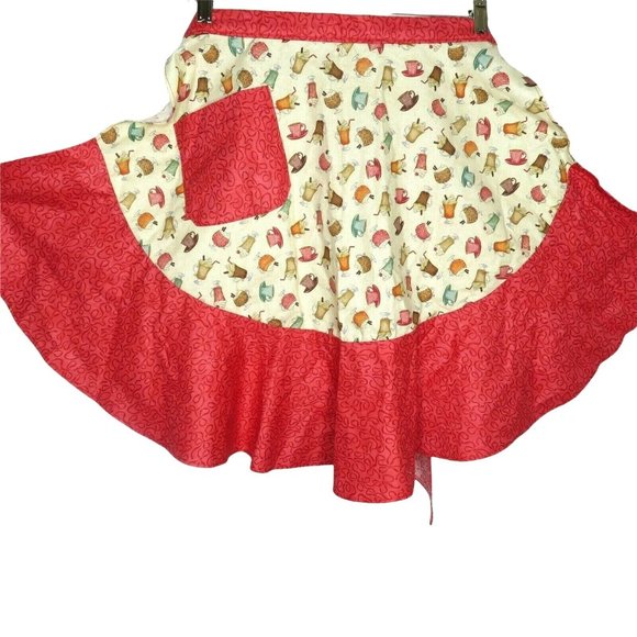 Retro Cooking Half Apron One Size Fountain Drinks Red Ruffle Pocket Tie Waist - Picture 2 of 11